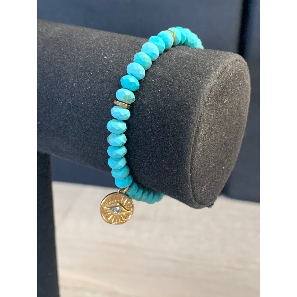 Turquoise Beaded Evil Eye Charm Stretch Bracelet Gold Tone Sunburst Crystal 6in